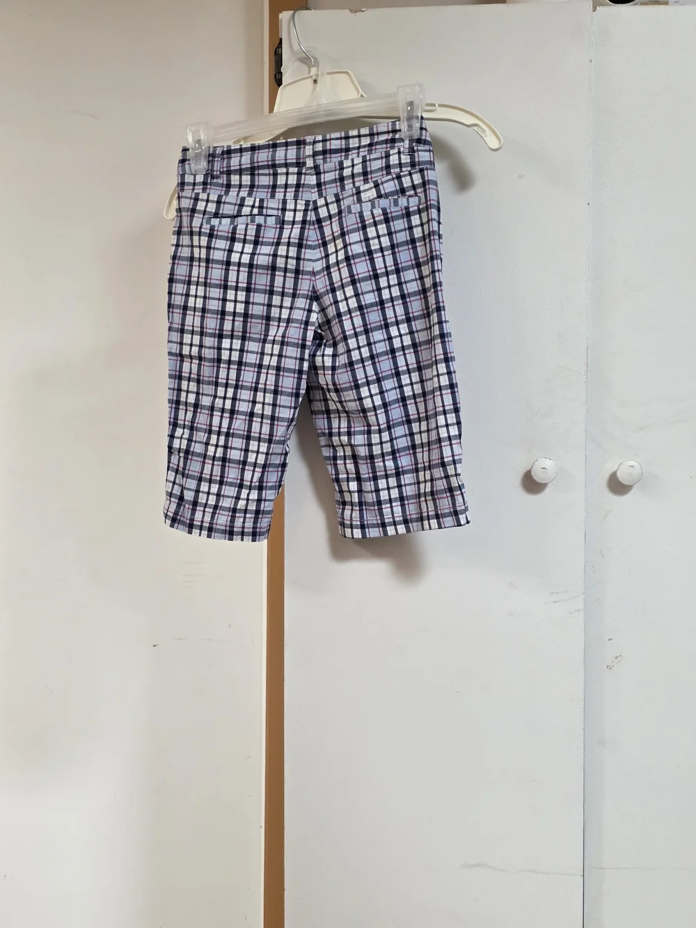 Justice Plaid Capri Shorts in White, Navy & Pink